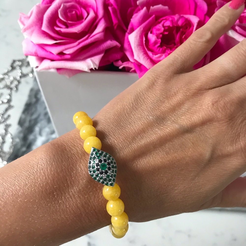 Yellow jade natural bead evil eye stretch bracelet